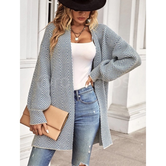 Knit Chevron Open Cardigan Bishop Sleeves Hip Length Dusty Blue on Off White - Picture 2 of 10